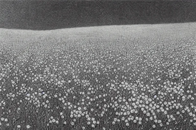 Prompt: black and white, close-up flower field, Gustave Dore lithography