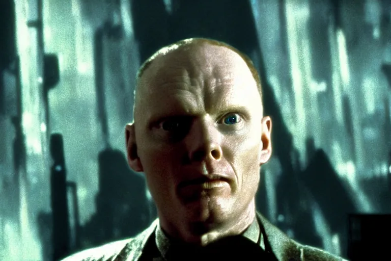 Prompt: a film still of Bill burr in a Blade Runner, high quality