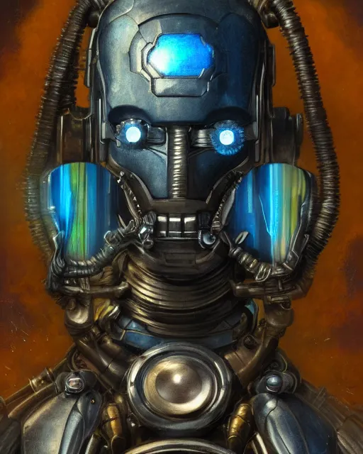 Prompt: portrait of an labradorite ultron from african style age of ultron, clockwork steampunk, dieselpunk, head and chest only, by beksinski, 4 k, deviantart, 3 d unreal engine, trending on artstation