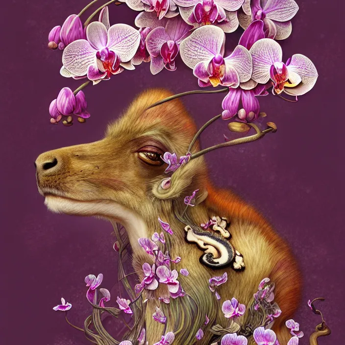 Prompt: psychedelic animal, orchid, cherry blossom tree, mushrooms, diffuse lighting, fantasy, intricate, elegant, highly detailed, lifelike, photorealistic, digital painting, artstation, illustration, concept art, smooth, sharp focus, art by John Collier and Albert Aublet and Krenz Cushart and Artem Demura and Alphonse Mucha and Giuseppe Arcimboldo