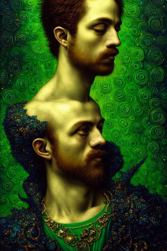 Prompt: bizarre green galckloght detailed renaissance portrait of mario as a highly detailed realistic real life person, dramatic cinematic lighting, 8 k, beautiful intricate painting by james r eads and tomasz alen kopera