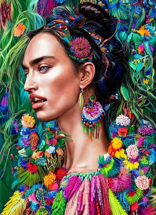 Prompt: beautiful portrait of Irina Shayk wearing fantastic Hand-dyed cotton dress,embellished beaded feather decorative fringe knots ,colorful pigtail,subtropical flowers and plants,symmetrical face,intricate,elegant,highly detailed,8k,post-processing,digital painting,trending on pinterest,harper's bazaar,concept art, sharp focus, illustration, by artgerm,Tom Bagshaw,Lawrence Alma-Tadema,greg rutkowski,alphonse Mucha