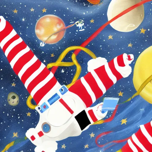Image similar to painting of astronaut cat in space, candy canes in space, candy cane asteroid belt, candy canes flying in space, cat in astronaut suit in space, cat astronaut avoiding candy cane asteroids, astronaut cat