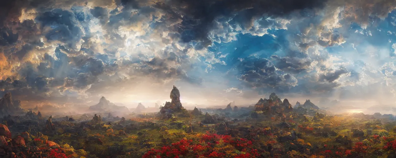 Prompt: beautiful beautiful beautiful beautiful landscape of the psychedelic planet from another dimension, edo, yin yang, panorama, cinematic lighting, puffy clouds, necropolis, temples, by Frederic Edwin Church, by Ivan Aïvazovski, light rays, light simulation, masterpiece, volumetric lighting