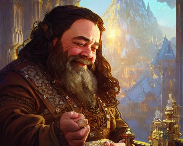 Image similar to illustration of a dwarf trading gems with a halfling deep focus, intricate, elegant, highly detailed, digital painting, artstation, concept art, matte, sharp focus, illustration, art by artgerm and greg rutkowski and alphonse mucha