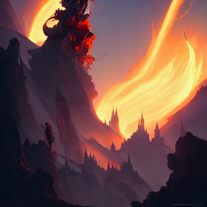 Prompt: style artgerm, joshua middleton, ellen jewett, a castle of brimstone, very long spires, fire swirling, detailed, volcano background setting, volumetric lighting