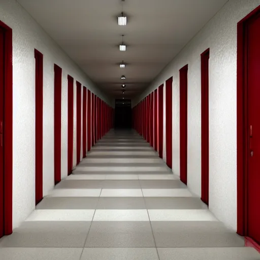 Prompt: a very long featureless white hallway with a single red door at the end, liminal space,