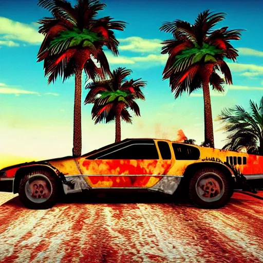 Prompt: wasteland hotline miami desert apocalypse car on fire wasteland war destroyed wide shot landscape nuke fire craters end of the world miami beach sunset palm trees 80s delorean unreal engine style