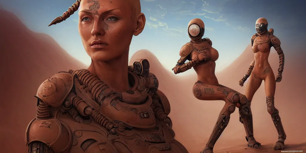 Image similar to tattooed stoic injured dirty blonde butch emotionless woman engineer, with very short slicked - back hair, fighting bronze - skinned warrior woman in crowded alien arena, primitive desert planet with red dust storms, highly detailed, digital painting, artstation, concept art, matte, sharp focus, illustration, art by artgerm and greg rutkowski and mike mignogna