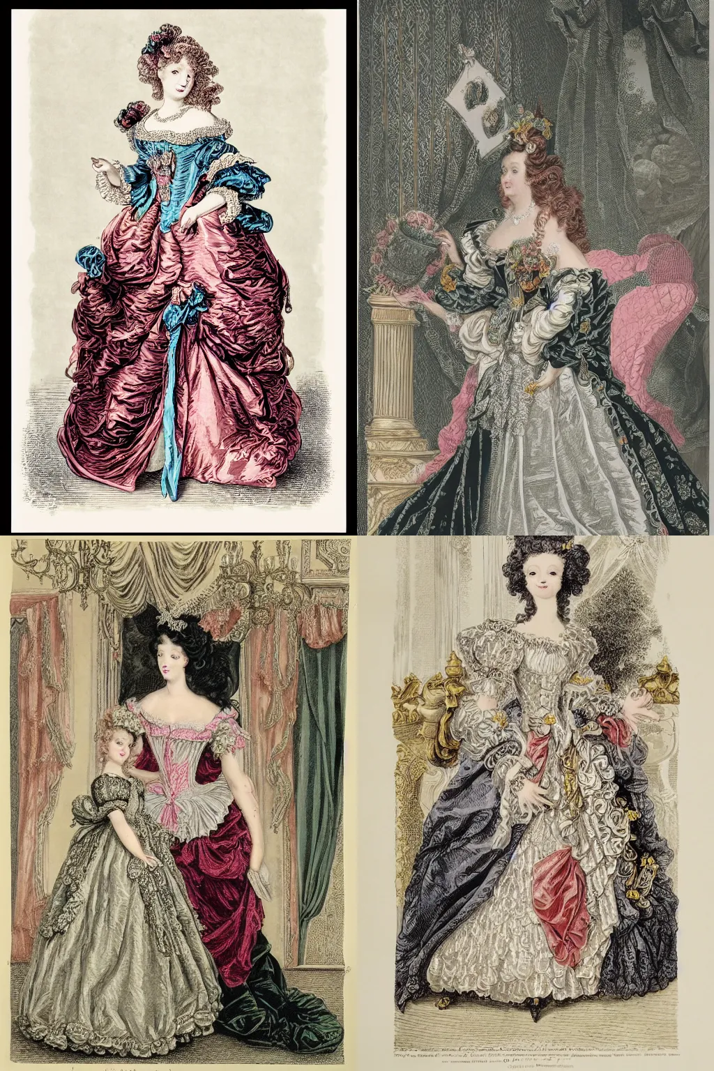 Prompt: rococo princess in versailles party, fancy vig and ornate dress, Victorian ink drawing, three color screen print