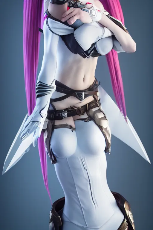 Image similar to Katarina from League of Legends shaking hands with Mercy from Overwatch, photorealistic full body, studio lighting, white ambient background, highly detailed