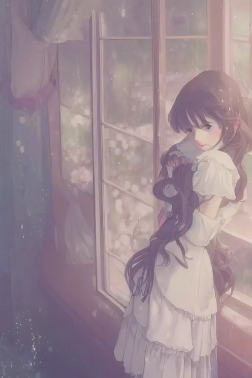 Image similar to a young lolita dressed girl in a maid's outfit in the bedroom typing front the notebook at night, raining outside the window, grey and blue theme, wavy white long hair by krenz cushart and mucha and akihito yoshida and makoto shinkai and greg rutkowski, 4 k resolution