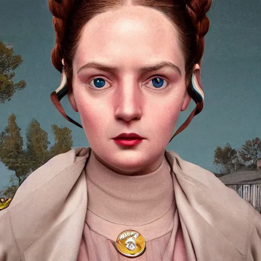 Prompt: a realistic image of a women from a wes anderson film looking at the camera mark ryden, 3 d 8 k ultra detailed