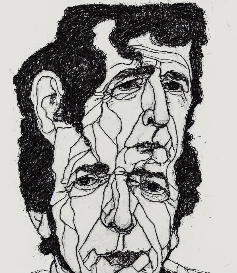 Prompt: line art portrait of leonard cohen inspired by egon schiele. contour lines, twirls and curves, musicality, rapid sketch
