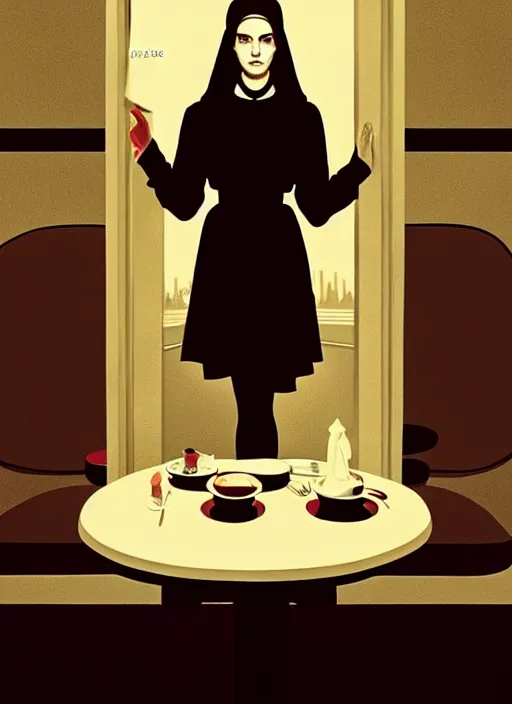 Prompt: Twin Peaks movie poster artwork by Michael Whelan and Tomer Hanuka, Rendering of Emma Watson dressed a nun sitting at a diner booth, from a scene from Twin Peaks, clean, full of detail, Matte painting, trending on artstation and unreal engine