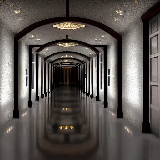 Image similar to a dark and recursive hallway with many doors, with a heavenly glow