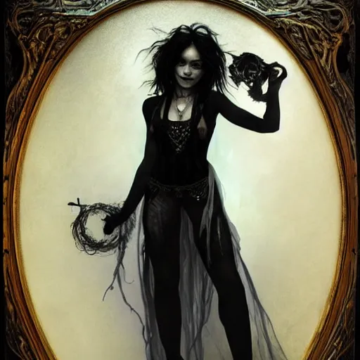 Image similar to beautiful portrait of vanessa hudgens as death from sandman, smiling, by cedric peyravernay, alphonse mucha, by jeremy mann, by lecouffe deharme, goth chic, soft lightning, eyeliner, punk rock, high detailed, 8 k