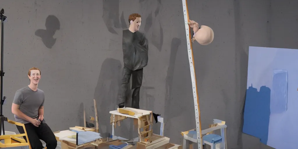 Image similar to mark zuckerberg sitting on top of a ladder making a stop motion animation, giant clay sculptures, photorealistic