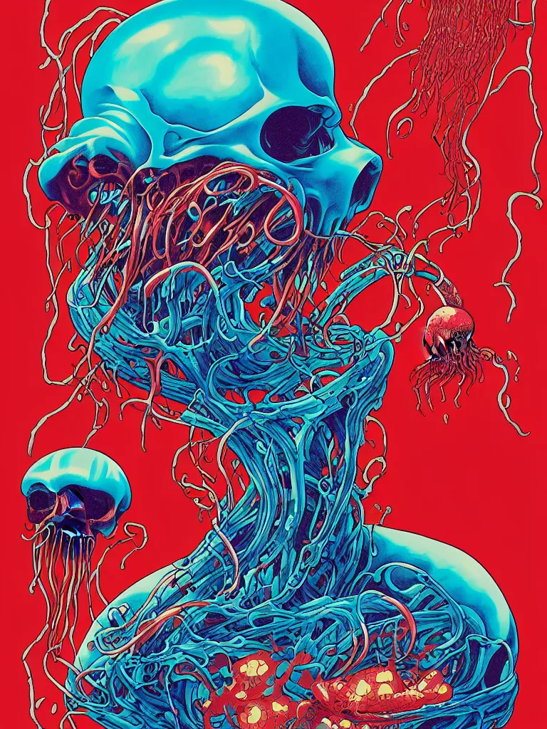 Image similar to a glowing red skull in the sea caught by a jellyfish by josan gonzalez and dan mumford and albrecht anker and miho hirano and ross tran and chiho aoshima, highly detailed, high contrast, pop art, comic shading, intricate details, blended color palette