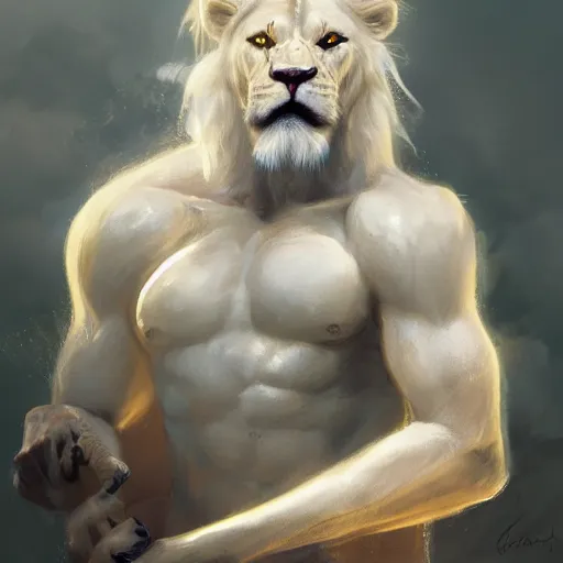 Image similar to commission portrait of a fit albino male lion,anthro,character design by charles bowater,greg rutkowski,ross tran,hyperdetailed,hyperrealistic,4k,deviantart,artstation,professional photography,concept art