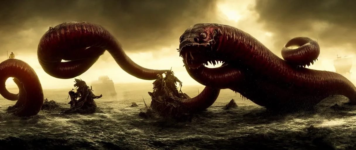 Image similar to pirates fighting giant screaming worm, cinematic atmosphere, maximized, high detail, 8k, ornate, dark fantasy, masterpiece, complex, film still from the movie directed by Denis Villeneuve