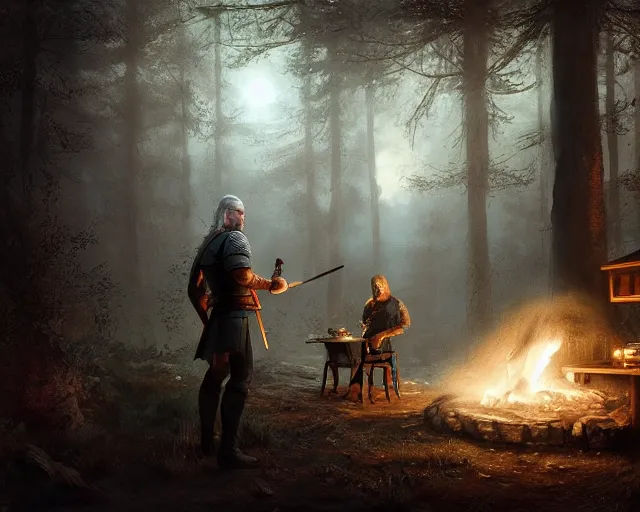 Image similar to 5 5 mm portrait photo of geralt of rivia serving shawarma, in a magical forest. dark atmosphere. art by greg rutkowski. highly detailed 8 k. intricate. lifelike. soft light. nikon d 8 5 0.