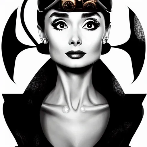 Prompt: in the style of diego fazio, artgerm, beautiful audrey hepburn, steampunk, elegant pose, middle shot, spooky, symmetrical face symmetrical eyes, three point lighting, detailed realistic eyes, short neck, insanely detailed and intricate elegant