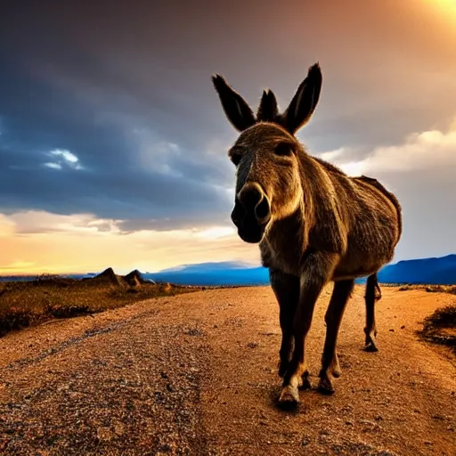 Image similar to an amazing portrait of a donkey on a slim rocky path, rocky mountains in the background, sunset sky photography, award winning cinematic lighting, highly detailed