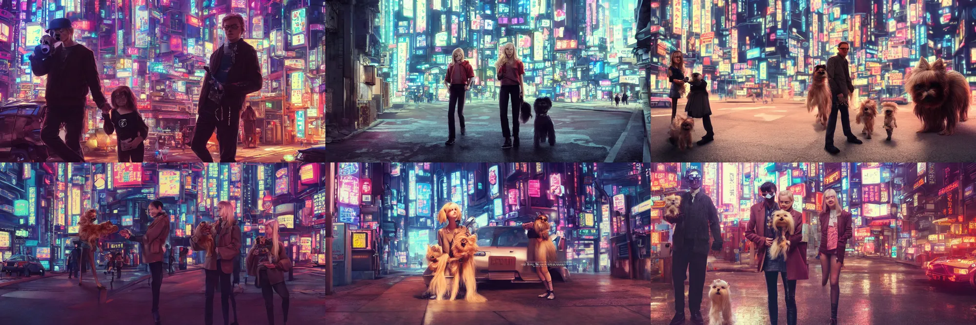 Prompt: Elle Fanning, holding her Yorkshire Terrier, sided by her father and mother, in cyberpunk neo tokyo city street by Sergey Vasnev and square pictures , trending on artstation