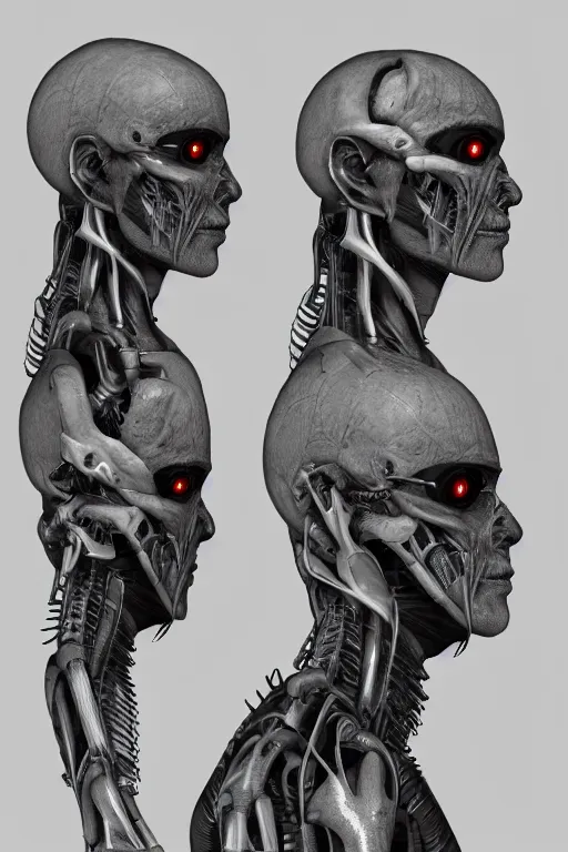 Prompt: cyborg cyclopes with gunmetal grey skin, medical anatomy, cyberpunk face, highly detailed, japanese, mecha asthetic, mechanical implants, three - view reference sheet ( front / back / side ), in the style of dan ouellette, dren from splice, hr giger, sil from species, artstation, unreal engine