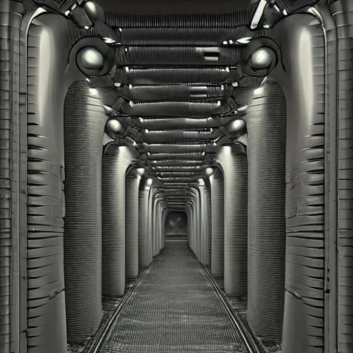 Prompt: an alien corridor, tubes along the walls, strange devices, by h. r. giger, 8 k, trending on artstation, duotone, detailed