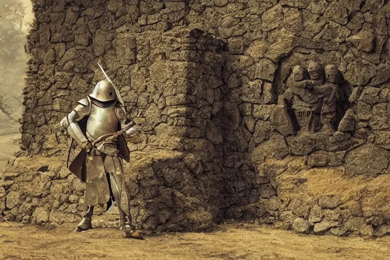 Prompt: lone weary knight!!! guarding a large stone tomb!!!, leaning on his sword!!!, battle-worn, dusk, bodies of monsters