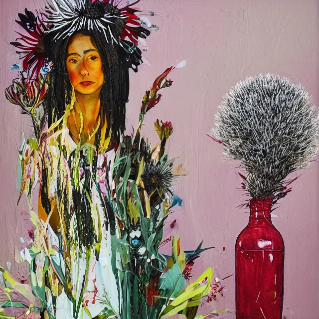 Image similar to “ a portrait in a female art student ’ s apartment, australian wildflowers, sensual, queer woman, flax, flannel flower, bottlebrush, eucalyptus, art supplies, a candle dripping white wax, clay, squashed berries, berry juice drips, acrylic and spray paint and oilstick on canvas, surrealism, neoexpressionism ”