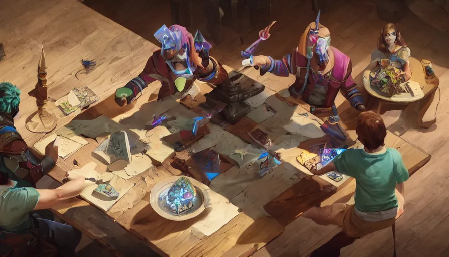 Prompt: concept art of role - playing game players around a table, rolling d 2 0 sides dice. macro. unreal engine 5. octane render. vray. arnold. maya. 1 8 mm lens. gopro, low angle, wide lens. trending on artstation. depth of field. colorful. d & d. centered image.