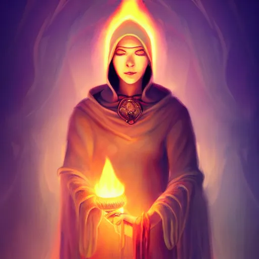 Image similar to ( a priestess with a hood that covers half her face carries an incense burner that emits a pleasantly colored flame. ) by anato finnstark, dream, full body portrait, dynamic lighting, beautiful, trending on artstation, wallpaper, 4 k, award winning, digital art, very detailed faces