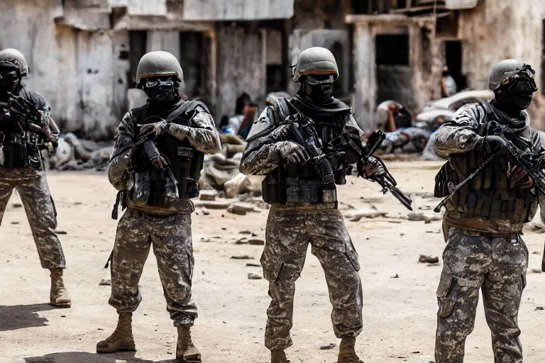 Prompt: Mercenary Special Forces soldiers in grey uniforms with black armored vest and black helmets in urban warfare in Cambodia 2022, Canon EOS R3, f/1.4, ISO 200, 1/160s, 8K, RAW, unedited, symmetrical balance, in-frame, combat photography