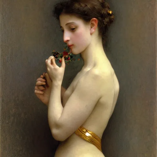 Prompt: painting portrait of a woman eating a flower, intricate, elegant, digital painting, smooth, sharp focus, shiny gold, realistic gold, realistic metal, by William-Adolphe Bouguereau and Gustav Klimt,