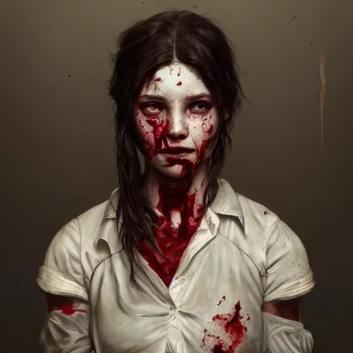 Prompt: portrait painting of a bloodied school girl butcher, ultra realistic, concept art, intricate details, eerie, highly detailed, photorealistic, octane render, 8 k, unreal engine. art by artgerm and greg rutkowski and alphonse mucha