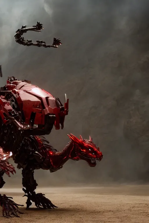 Image similar to cinematic still of westworld, a full body red si - fi robotic fantasy dragon, well armored mech dragon, highly detailed