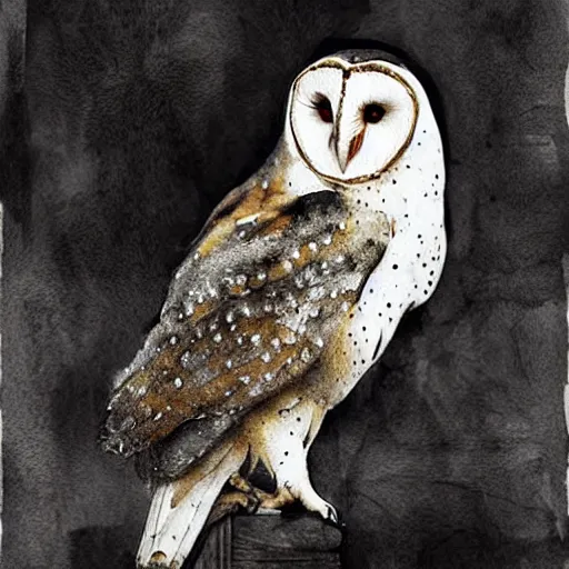 Image similar to a barn owl, digital art, watercolor, dripping paint, black and white, concept art, soft colors, style of anders zorn