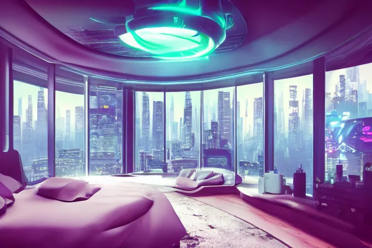 Image similar to a futuristic sparse bedroom with large curved ceiling high windows looking out to a far future cyberpunk cityscape, flying drones outside, night time, cyberpunk neon lights, raining