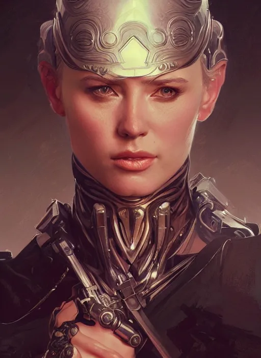 Image similar to portrait of terminator, fantasy, medieval wear, intricate, elegant, highly detailed, digital painting, artstation, concept art, smooth, sharp focus, illustration, art by artgerm and greg rutkowski and alphonse mucha