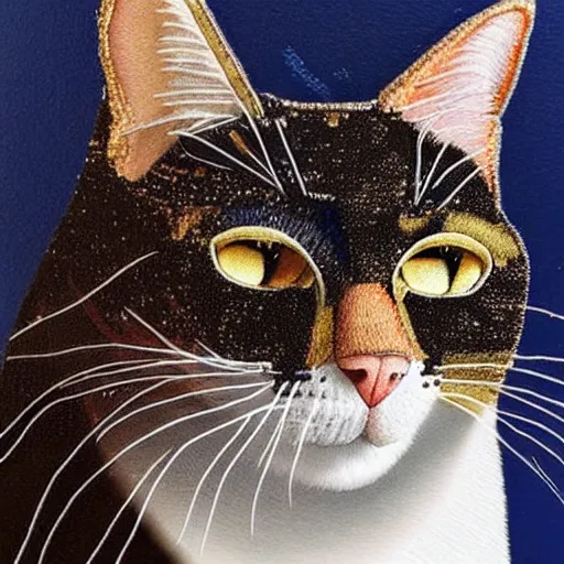 Image similar to a cat embroidered with sequins, hyperrealistic, textured, animal portrait