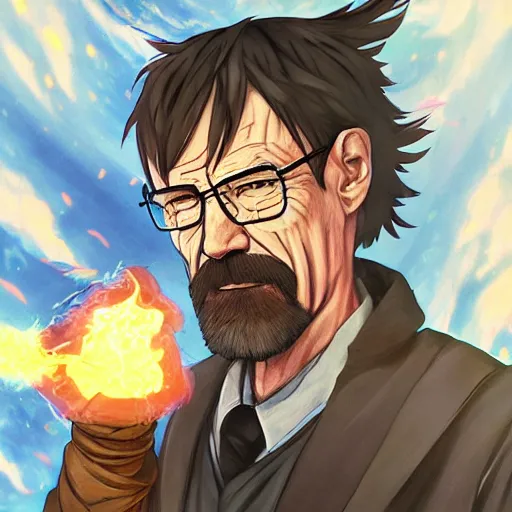 Image similar to portrait of walter white wielding the five elements of magecraft, fire earth water wind void, anime fantasy illustration by tomoyuki yamasaki, kyoto studio, madhouse, ufotable, trending on artstation