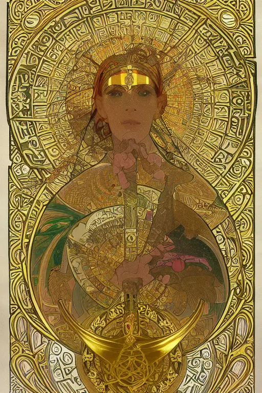 Image similar to thoth, egyptian god, gold jewelry, flower of life, sacred geometry, by Alphonse Mucha, rule of thirds, super detailed, 8k