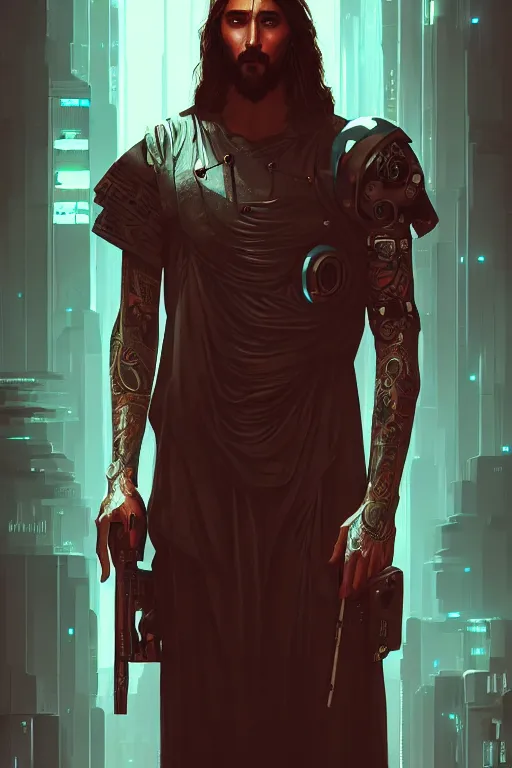 Image similar to a full length portrait of cyberpunk jesus, grim - lighting, high - contrast, intricate, elegant, highly detailed, digital painting, artstation, concept art, smooth, sharp focus, illustration