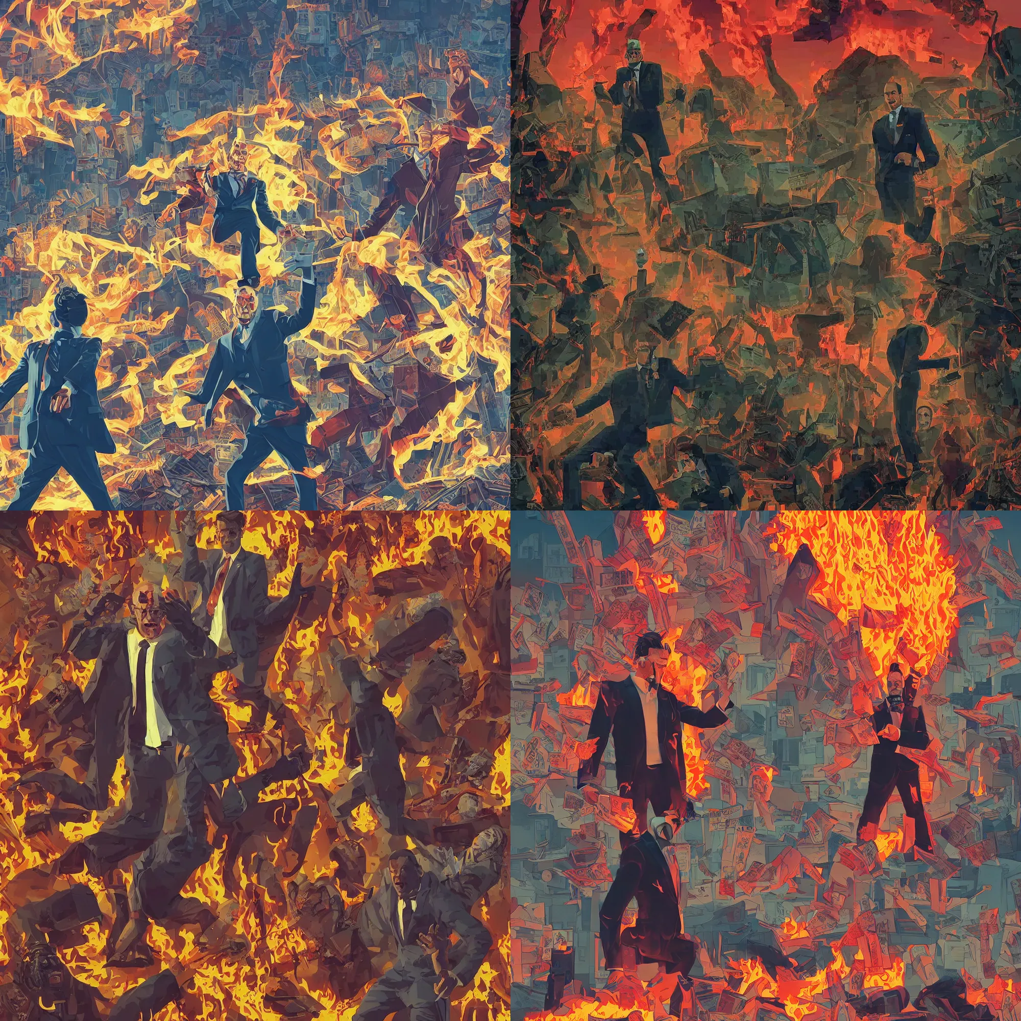 Prompt: a poster artwork of evil ambitius man in suit enjoying the destruction for money, fire, wildfire nature, Tomer Hanuka, Sam Weber, Laurent Durieux, from scene from Los bañeros mas locos del mundo, clean