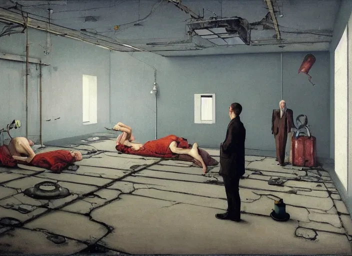 Prompt: people with oxygen tanks at decaying industrial complex in the style of Magritte, Edward Hopper and Francis Bacon and James Gilleard, Zdzislaw Beksinski, open ceiling, highly detailed, painted by Francis Bacon, Surreal, Norman Rockwell, Greg Hildebrandt, and Mark Brooks, triadic color scheme, By Greg Rutkowski, in the style of Francis Bacon and Syd Mead and Edward Hopper and Norman Rockwell and Beksinski, open ceiling, highly detailed, painted by Francis Bacon, painted by James Gilleard, surrealism, airbrush