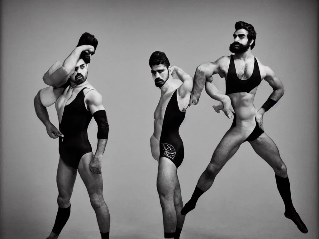 Image similar to 20 years old muscular wrestler persian iranian man with a mustache wearing glossy lycra gymnast wrestling leotard. Flash photograph by Mark Seliger and Annie Leibowitz