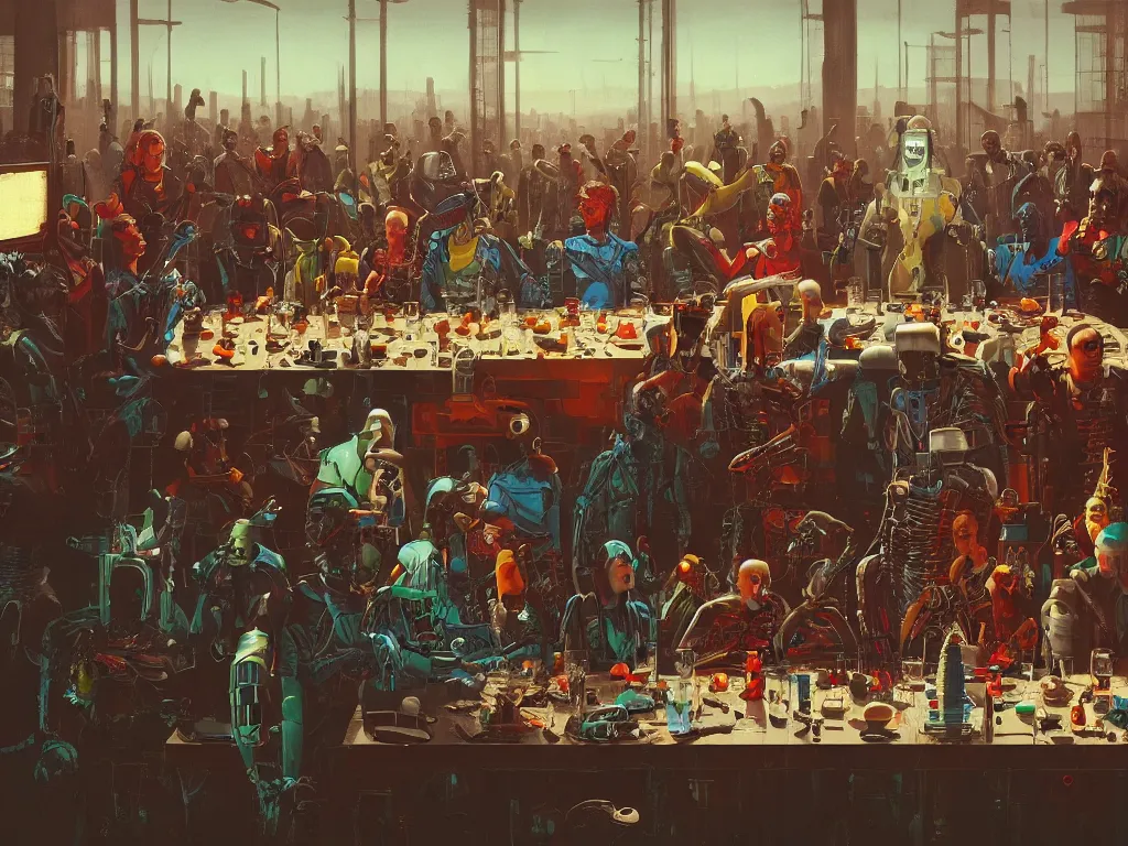 Image similar to a futuristic version of the last supper with punks, criminals and robots in a painting from stalenhag, 4 k, 8 k, hdr, artstation, concept art